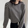 Women's Pure Cotton Striped Long-sleeve T-shirt, 2026 Spring and Autumn, Loose-fitting, Stylish Base Shirt Top