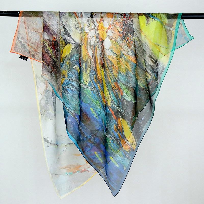Elegant oil painting blooms with colorful summer sunscreen silk, chiffon mulberry silk, 110 large square scarf, silk scarf, thin shawl