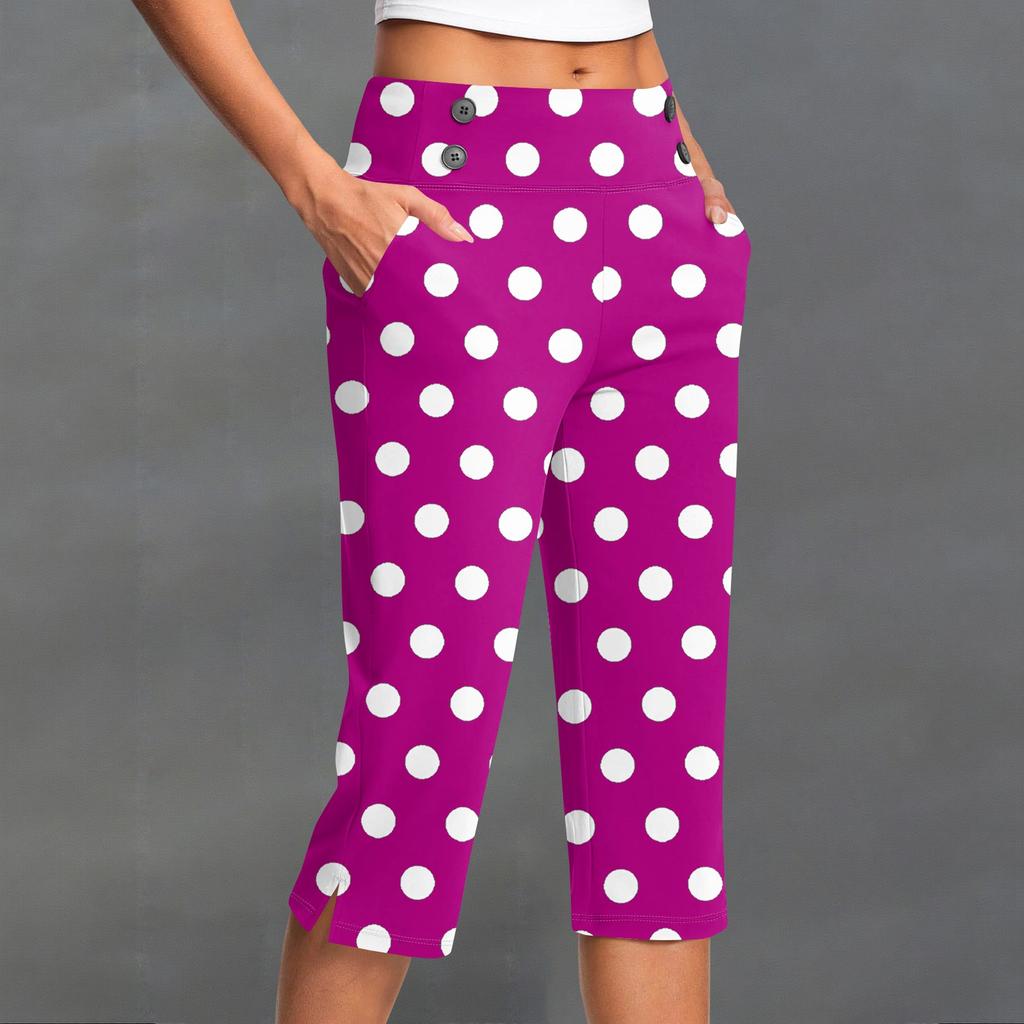 Women's Fashion Polka Dot Button Pocket Trousers Slit High Waist Sports Yoga Casual Cropped Pants