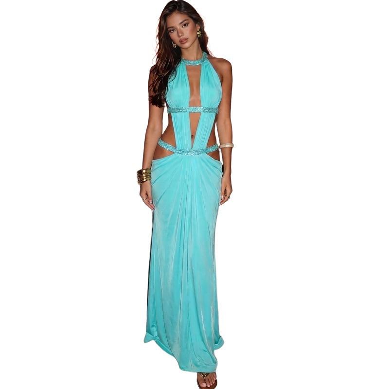 KDA European and American Summer New Women's Clothing Sexy Deep V Folds Splicing Dress