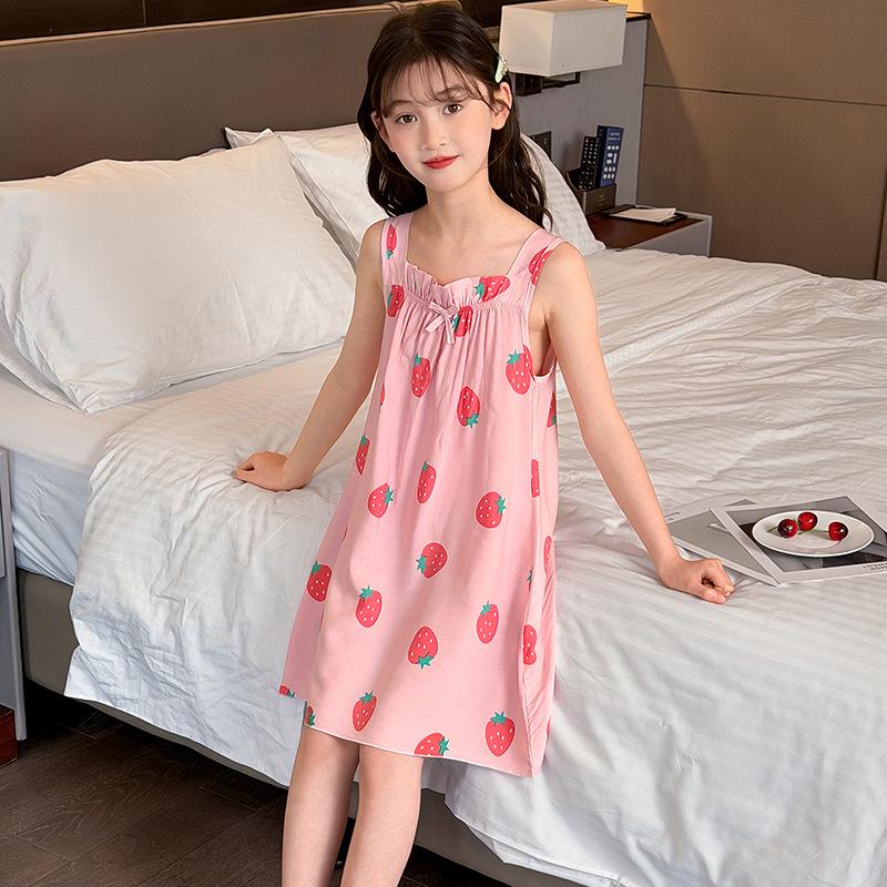 Sommer Mädchen Ärmelloses Baumwollgaze Nachthemd Pyjama