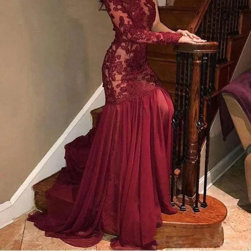 Women's New Lace One-Shoulder Long Sleeve Evening Dress Elegant Asymmetrical Hem Maxi Dress for Parties, Sexy Bodycon Formal Gown