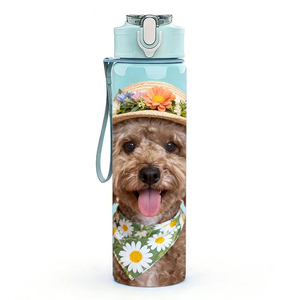 1PC Flower Hat Fluffy Dog Print 750ml Color Plastic Sports Water Bottle Leakproof Flip Straw Lid Suitable for Sports Office Home Use
