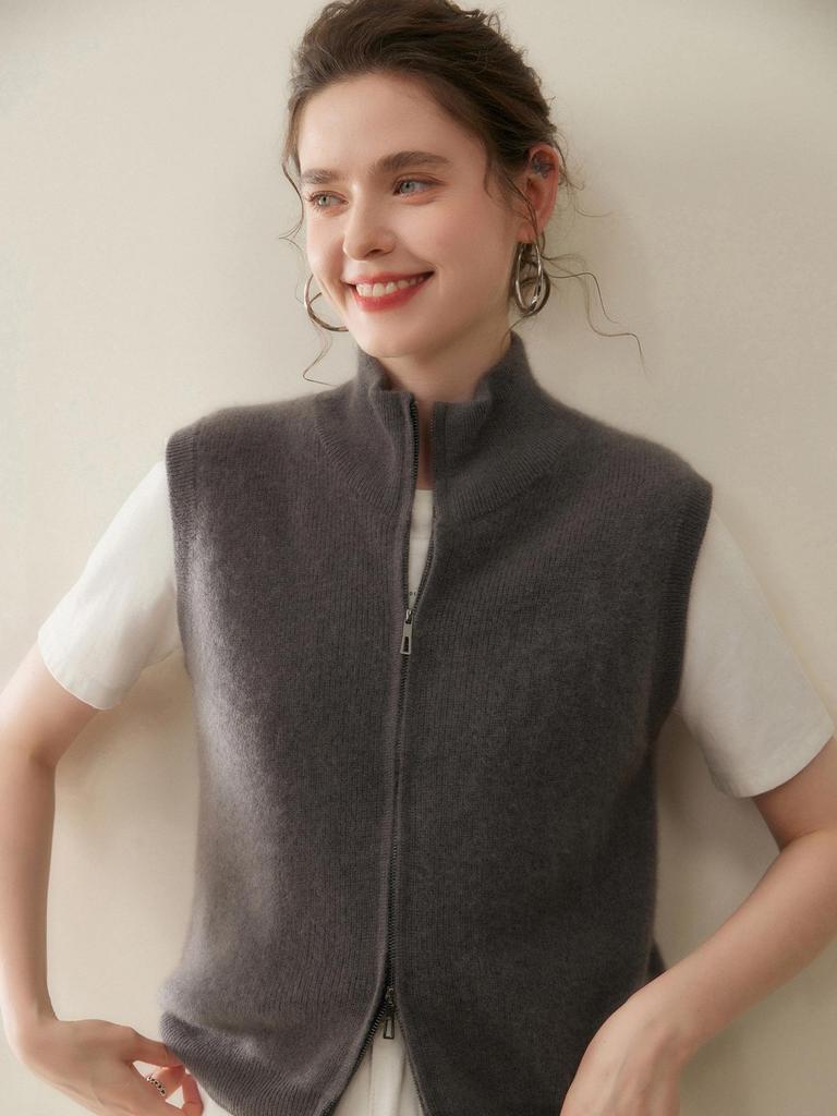 Damen Ärmellose Kaschmirweste - Petite Reißverschlussjacke für Herbst/Winter Mode