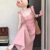 French-Style Pink Square Neck Spaghetti Strap Slimming Summer Dress with Flutter Sleeves and Cinched Waist