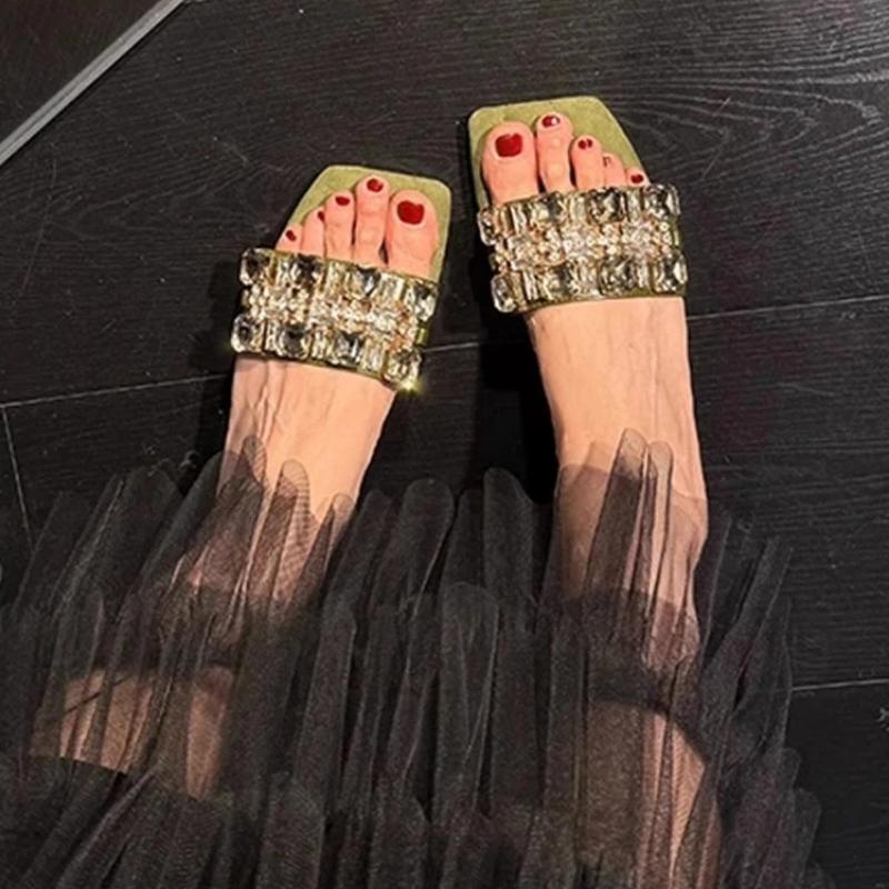New Sandals for Women Summer Outdoor Peep Toe Modern fashion Slippers Solid Rhinestone square toe Advanced Sense Shoes