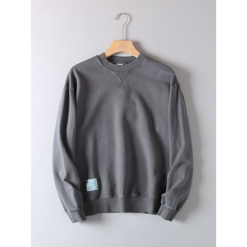 Heavyweight Washed Cotton Terry Crewneck Sweatshirt for Men, Spring and Autumn Vintage Trendy Top Jacket