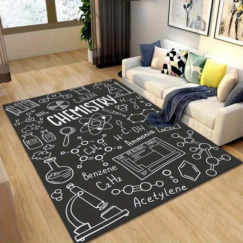 Chemie Kritzel Print Rutschfeste Teppichläufer Schwarz Weiß Wissenschaftslabor Design Bodenmatte für Wohnzimmer Schlafzimmer Klassenzimmer Dekor