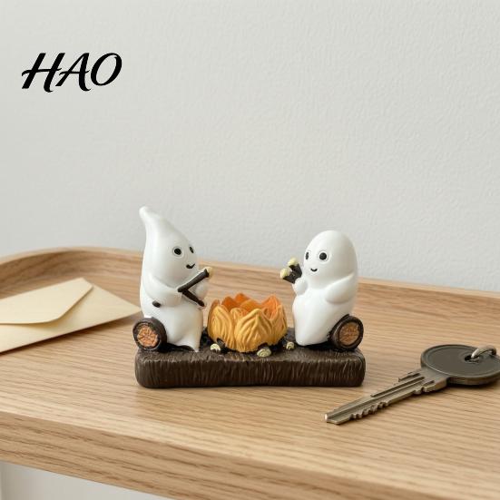 Night Atmosphere Light Base Cute Ghost And Bonfire Figurine, Resin Campfire Ornament for Halloween Tabletop Gift Friends Decor, Cartoon Double Statue