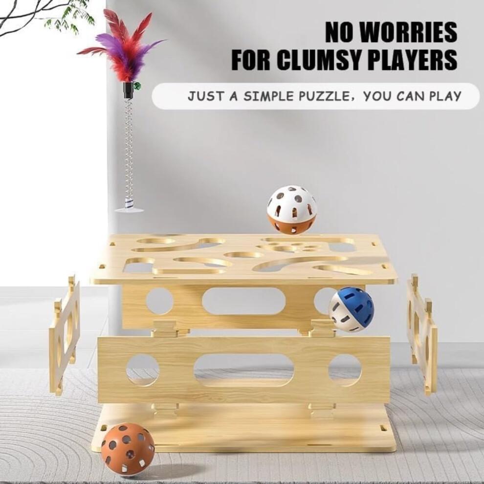 Interactive Wooden Cat Puzzle Toy with Ball & Bell – Indoor Hunting Play Toy Compatible with Cats & Kittens