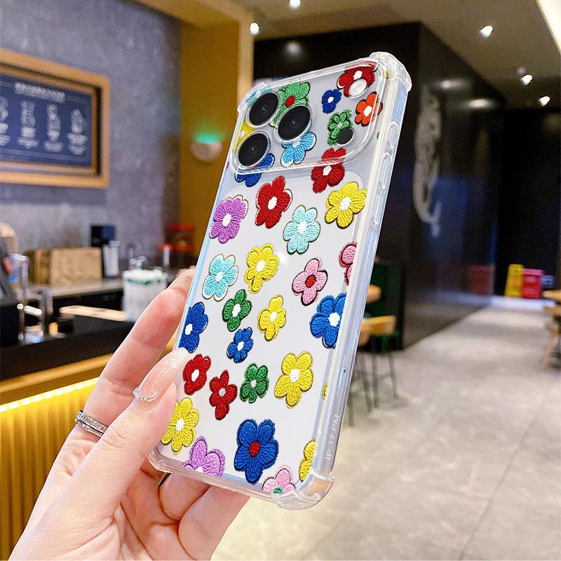 Selection Color Imitation Embroidered Flower Apple 12pm Mobile Phone Case iPhone17 Transparent Protective Case 16 Soft Case
