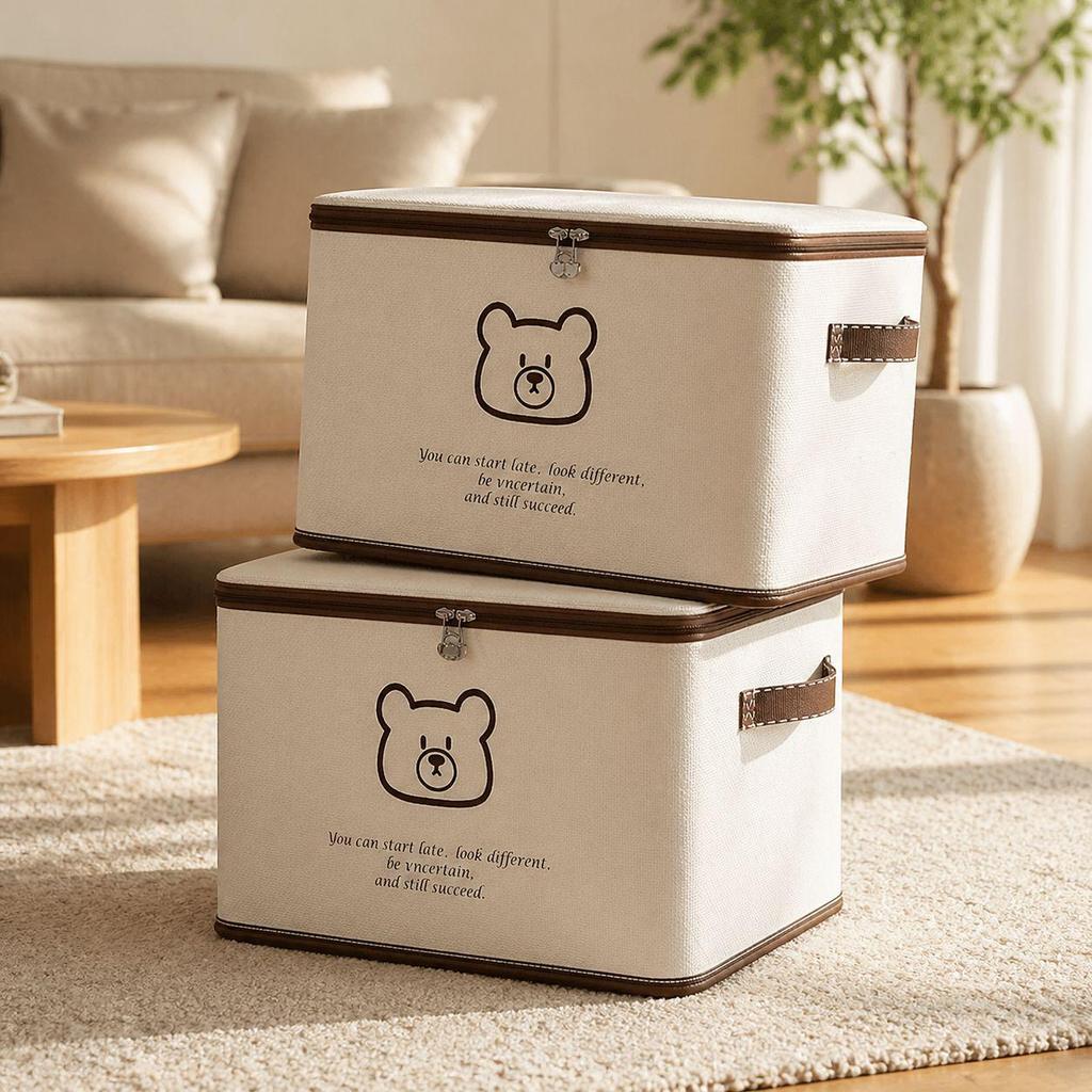 Beige Bear Non-Woven Zipper Storage Box - Large Foldable Clothes Organizer Basket