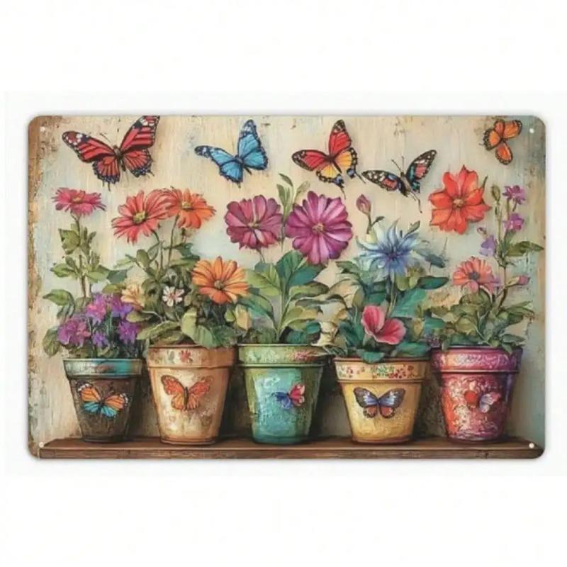 Vintage Butterfly Metal Flower Sign Rustic Garden Farmhouse Wall Decor Art 20x30cm