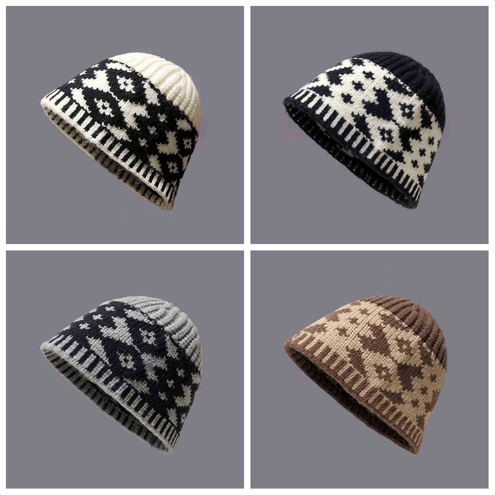 Warm Beanies Grid Printing Knit Cap Sweet Jacquard Knitted Hat Girls