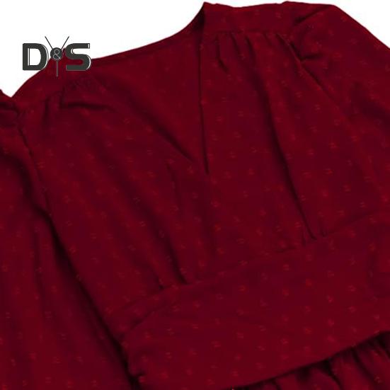 Women Spring Fall Dress V Neck Slim Waist Long Bubble Sleeves A-line Pleated MId-calf Length Flowy Dress Prom Party Dating Midi Dress