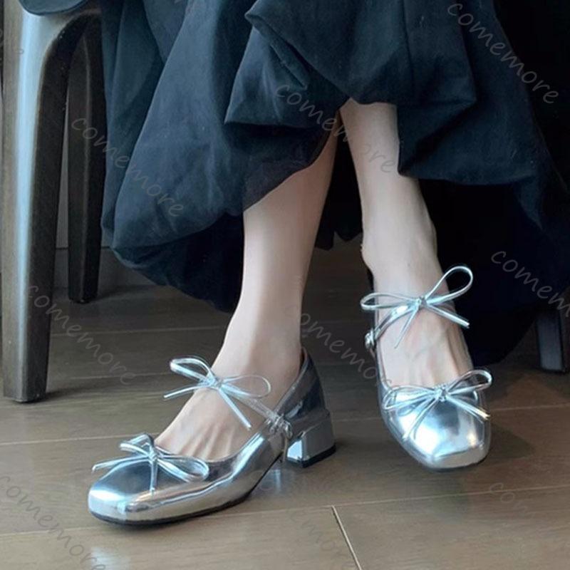 Comemore Retro Bowknot Decoration Red Mary Jane Shoes Women 2025 Spring Autumn Medium Heel Sandals Sweet Party Dress Pumps Shoes