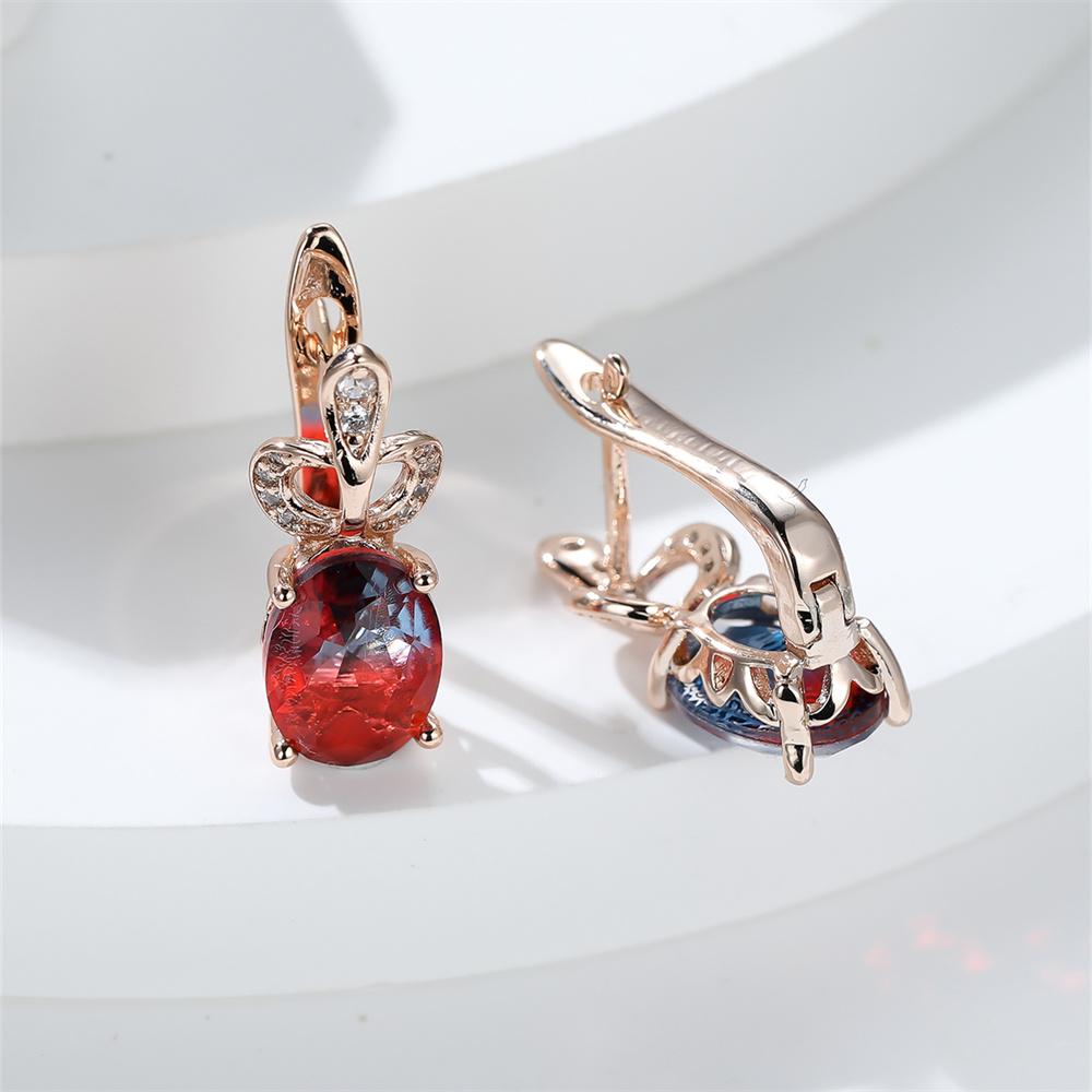 Oval Stone Rose Red Blue Crystal Zircon Hoop Earrings For Women Vintage Gold Color Ear Buckle Bridal Wedding Jewelry Party Gifts