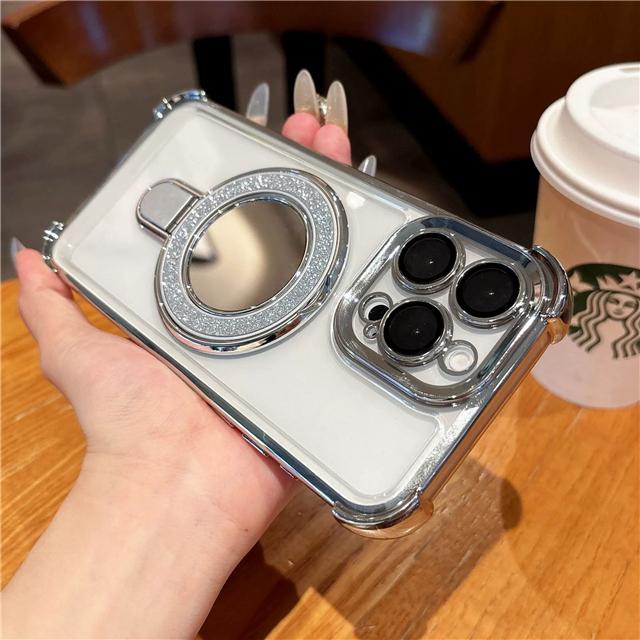 Luxury Plating Flash Mirror Clean Frame Bracket Stand Phone Case For iPhone 11 13 14 15 Plus 16E 16Pro Max Lens Protective Cover