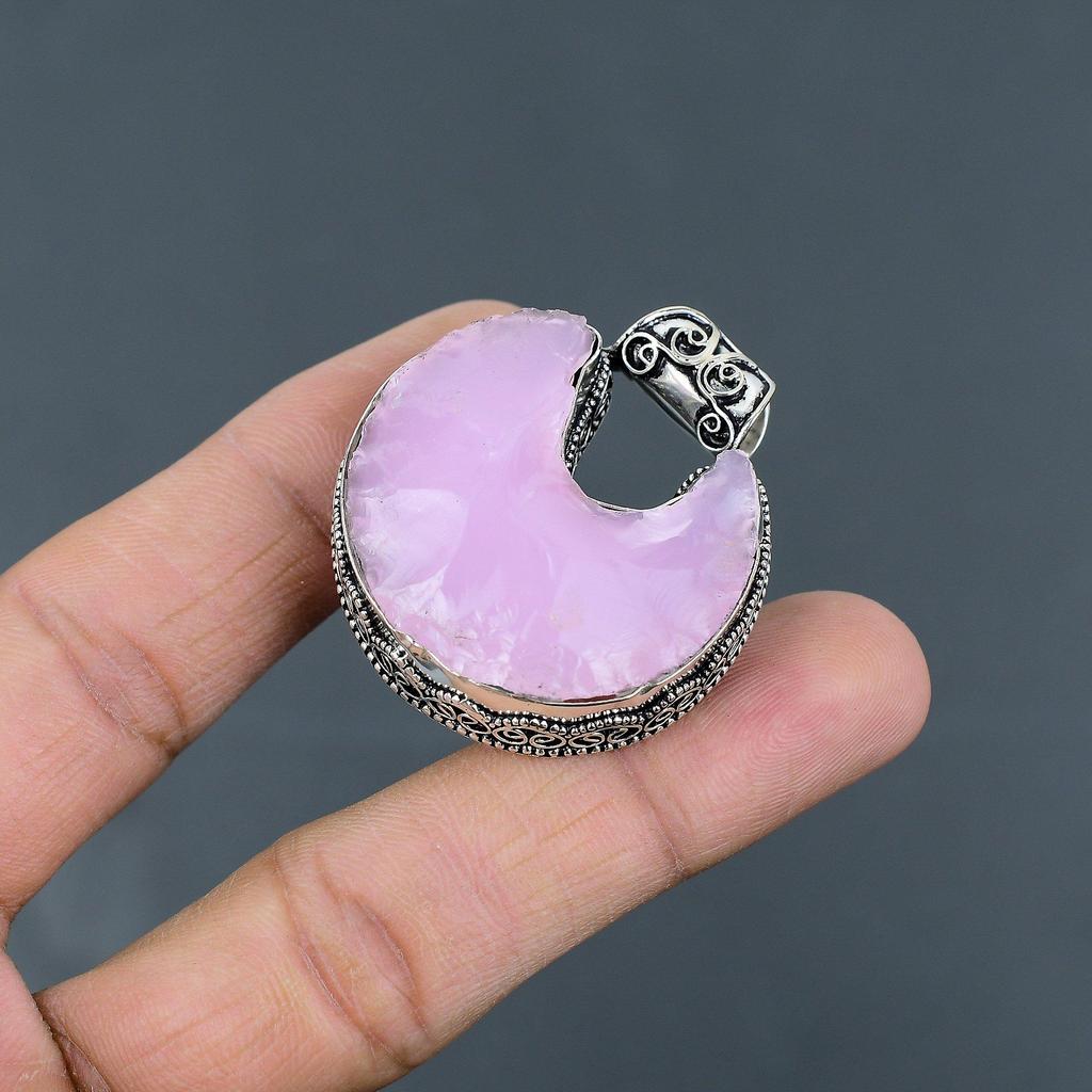 Pink Chalcedony Rough Pendant 925 Sterling Silver Pendant Gemstone Jewelry Crescent Moon Pendant Handmade Vintage Pendant Anniversary Gifts