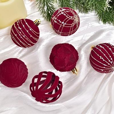 12pcs 6cm Christmas Hanging Ball Hand-Painted Flocking Xmas Tree Ornaments Glitter Wine Red Christmas Ball Ornaments