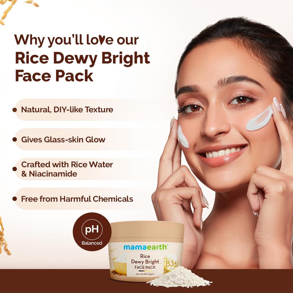 Mamaearth Rice Dewy Bright Face Pack For Glass Skin 200g Gel Cream Mask With Hydrating DIY Texture And Instant Brightening Glow