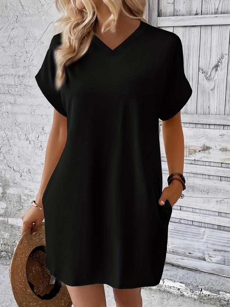 2024 Women's Solid Color Round Neck Loose Short Sleeve Pocket Dress - Spring/Summer Collection