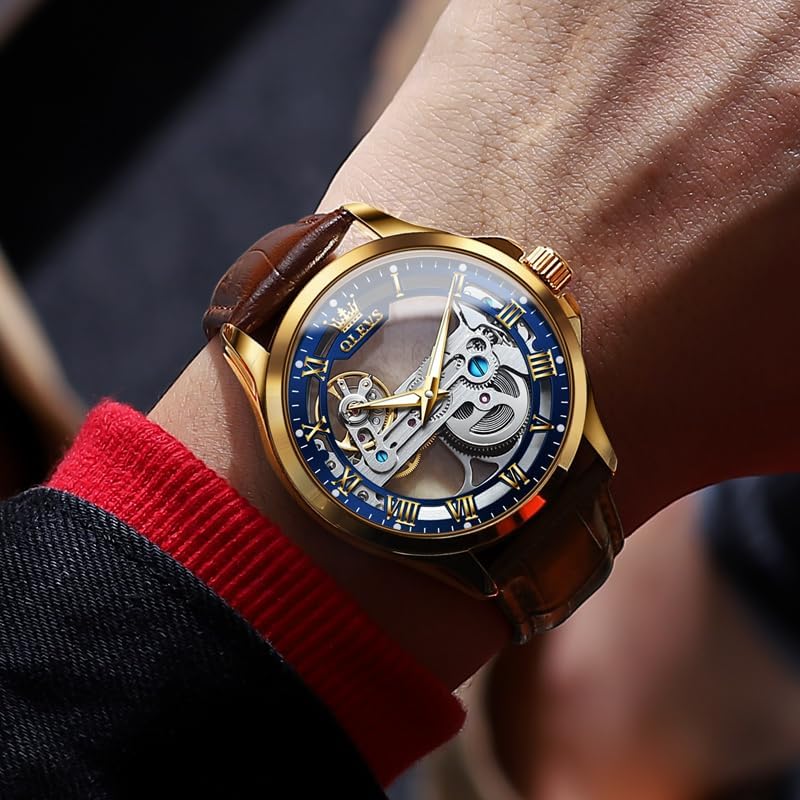 OLEVS Mechanical Automatic Manual Winding Watch with Clear Skeleton Leather Fashionable and Stylish Leather Watch with Luminous Waterproof and