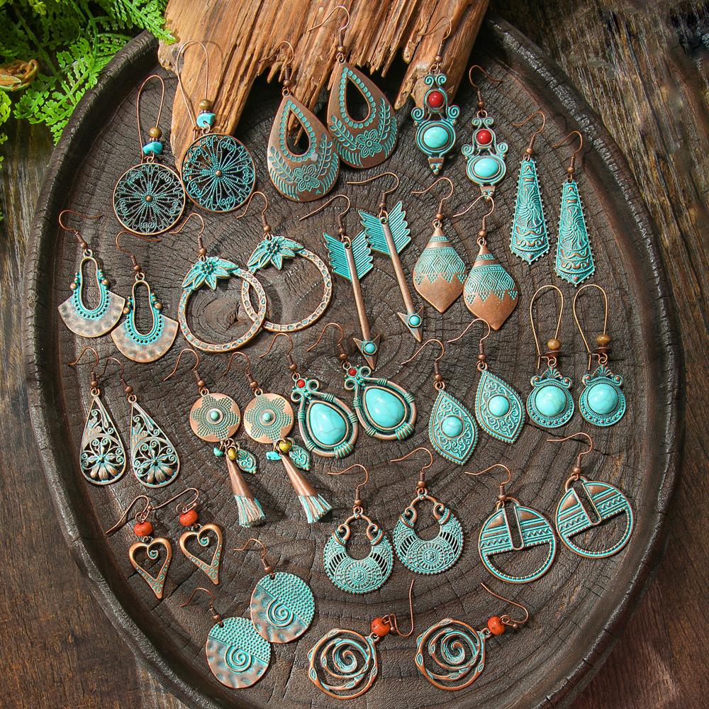 Cercei turcoaz Cercei boemi cu ciucuri, aliaj geometric, stil retro, accesorii urechi lăudăroși