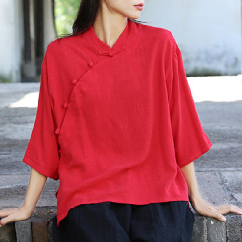 

Johnature, осенняя женская однобортная винтажная льняная рубашка с пряжкой, модный свободный повседневный воротник с длинными рукавами One Size бордовый