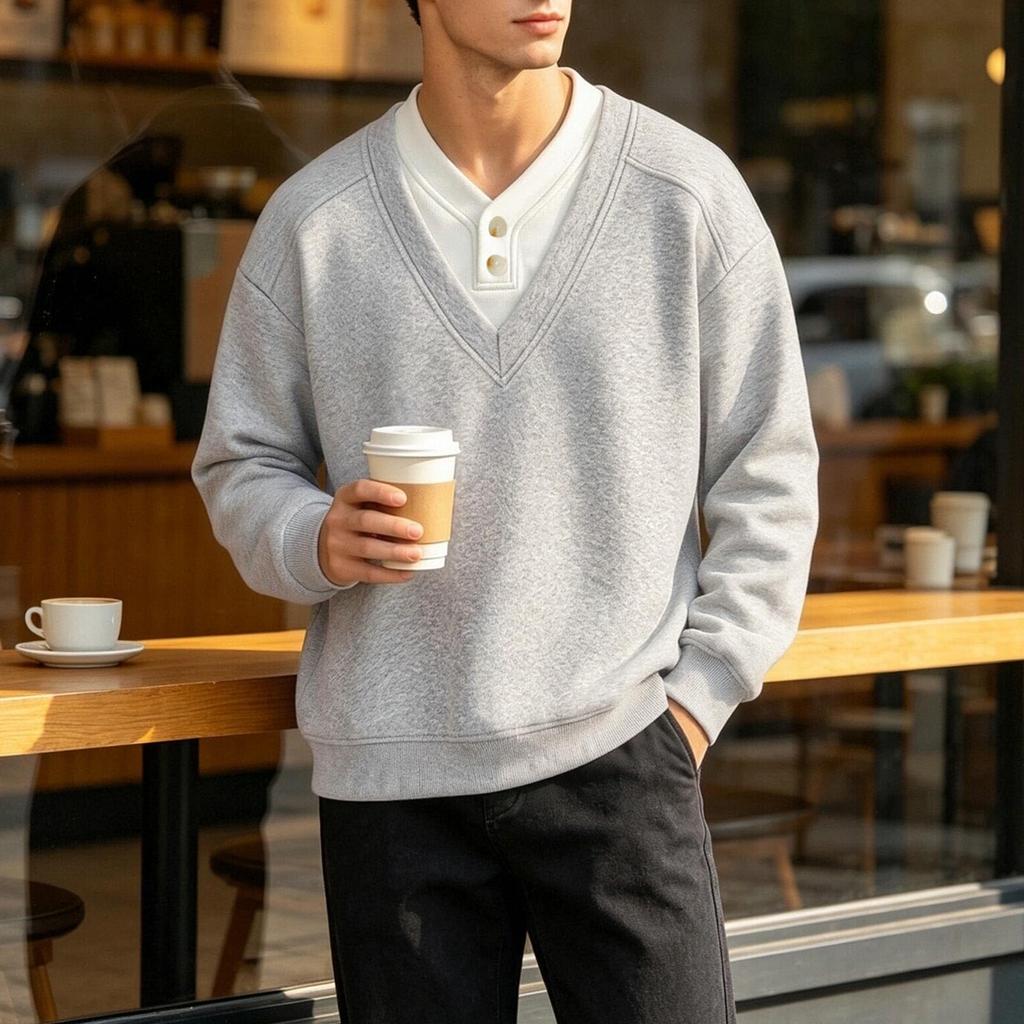 Men's Casual V-Neck Two-Piece Sweatshirt, Loose Fit Pullover for Spring Fall
