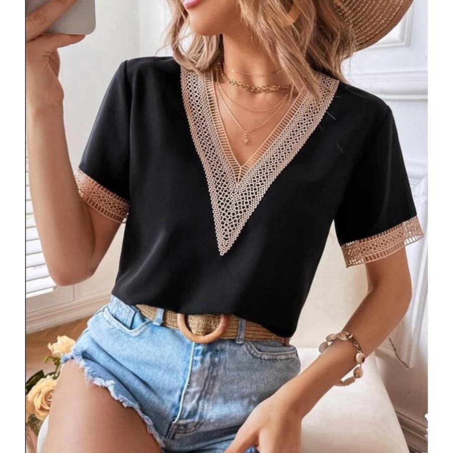 Magliette estive da donna Abiti di moda Camicie casual in chiffon con scollo a V Camicie a maniche corte Camicie in pizzo allentato di colore venduto da donna