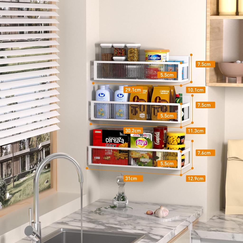 LENSKINS Magnetic Spice Strong Kitchen Spice Side Washing Scandinavian Easy No Tools White Rack, 3-Piece Set, Storage, Rack, Rack, Magnetic,
