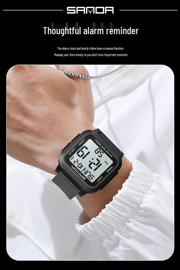 Sanda Student Sports Watch - Waterproof, Luminous Large Dial, Countdown Timer, Multifunction Alarm Clock, Square Electronic Design
