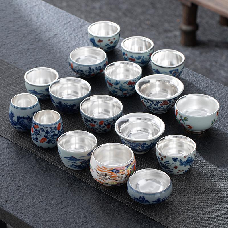Xianhe Chaoyang Ceramic Blue and White Porcelain Handheld Handmade Silver-Plated Master Cup Kung Fu Tea Bowl