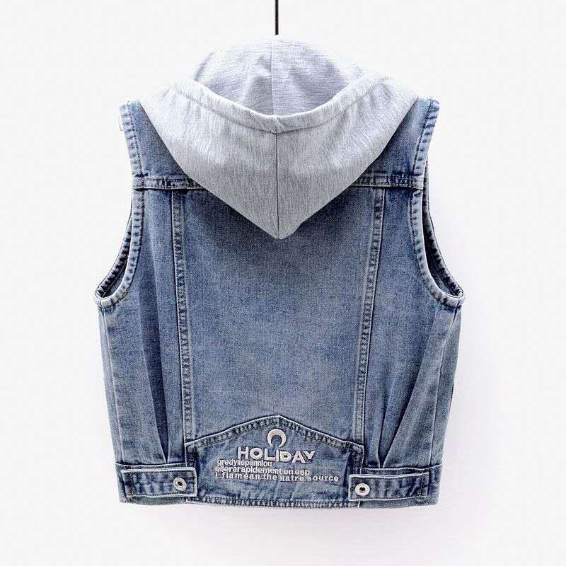 Giacca di Jeans Senza Maniche Donna Moda Gilet con Cappuccio Jean Corto Cotone Cerniera Gilet Denim