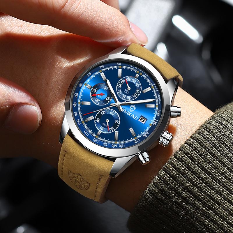 Luxury Brand New Fashion Men's Watches Real leather Strap Waterproof Sport Quartz Chronograph Military Watch Men Clock