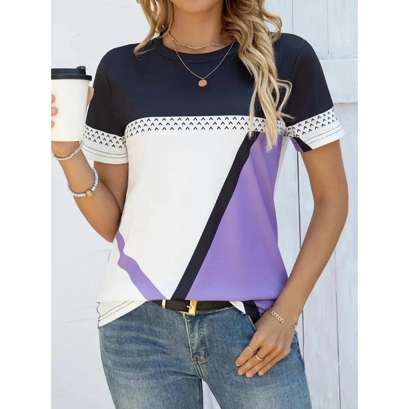 Women's T Shirt Graphic Casual Short Sleeve Round Neck Regular Tops Daily Patchwork Print Red Blue Khaki Summer