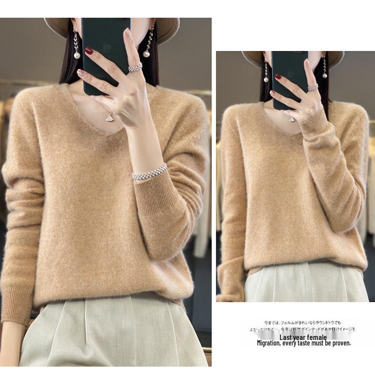 Women's V-Neck Seamless Wool Sweater - Loose, 100% Cashmere Knit for Autumn/Winter
