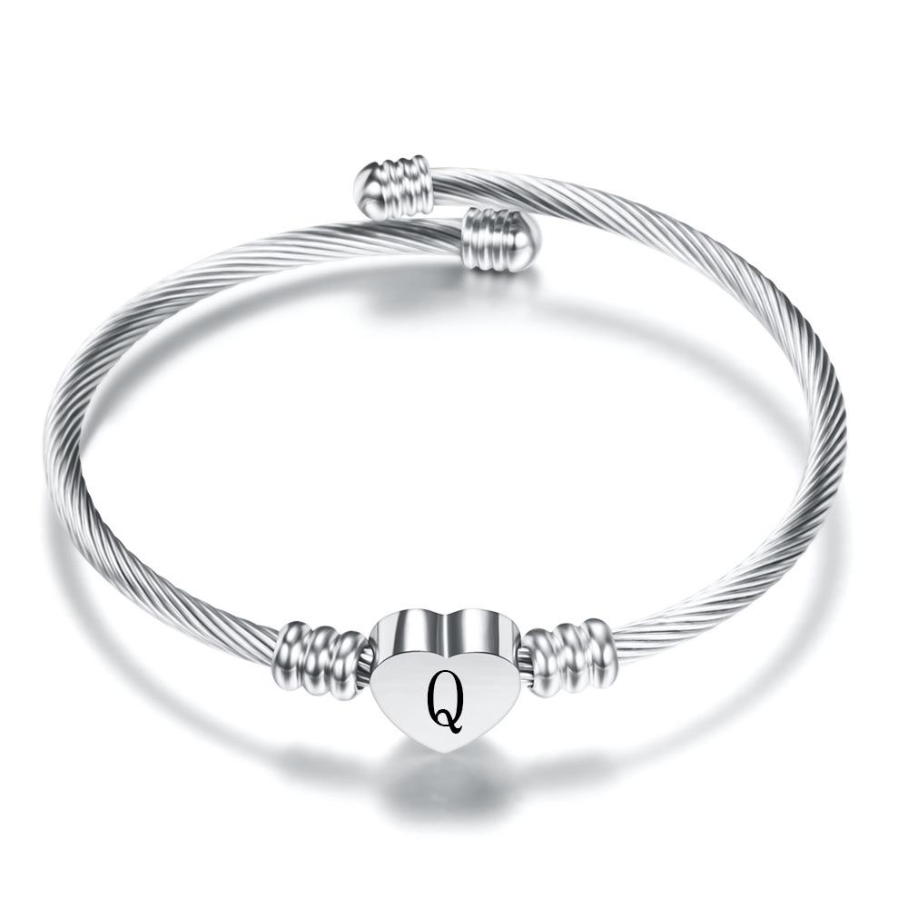26 Letters Stainless Steel Heart Bracelet - Simple Titanium Steel Open Bangle for Women