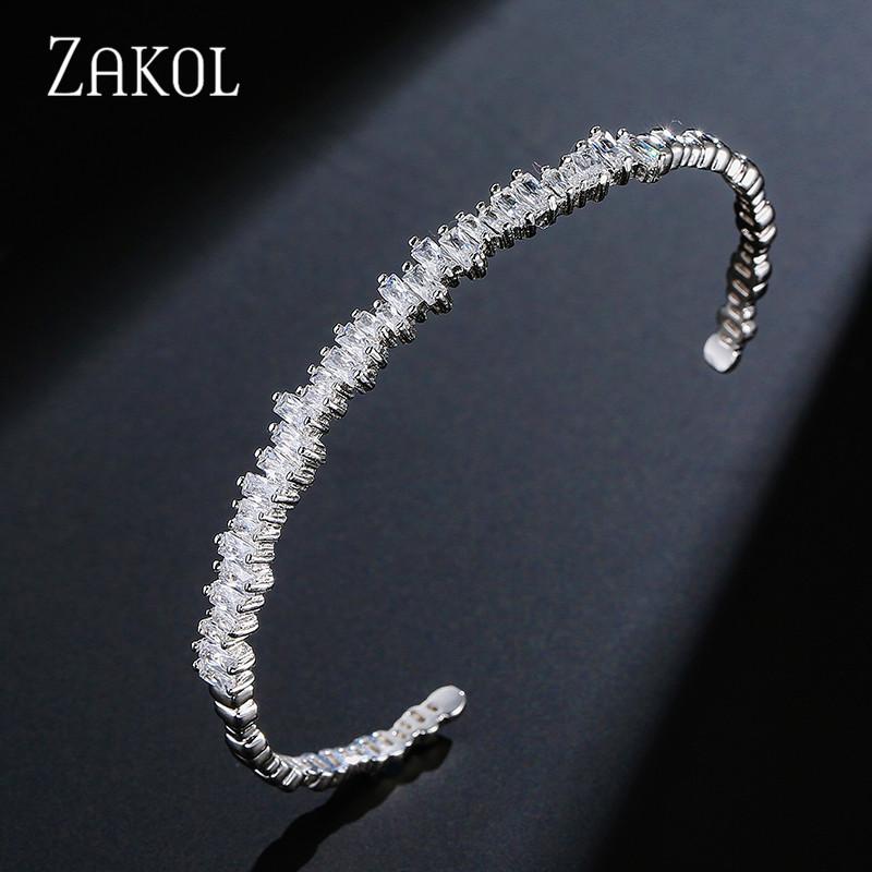 ZAKOL Fashion Cubic Zirconia Cuff Bangles for Women Trendy Baguette Men Open Bracelet Party Jewelry B154