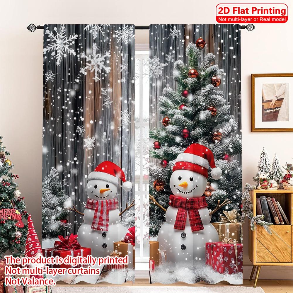 2D Flat Printing 2Pcs Snowman And Christmas Tree Design Rod Pocket Curtains Digital Print Polyester Drapes For Living Room