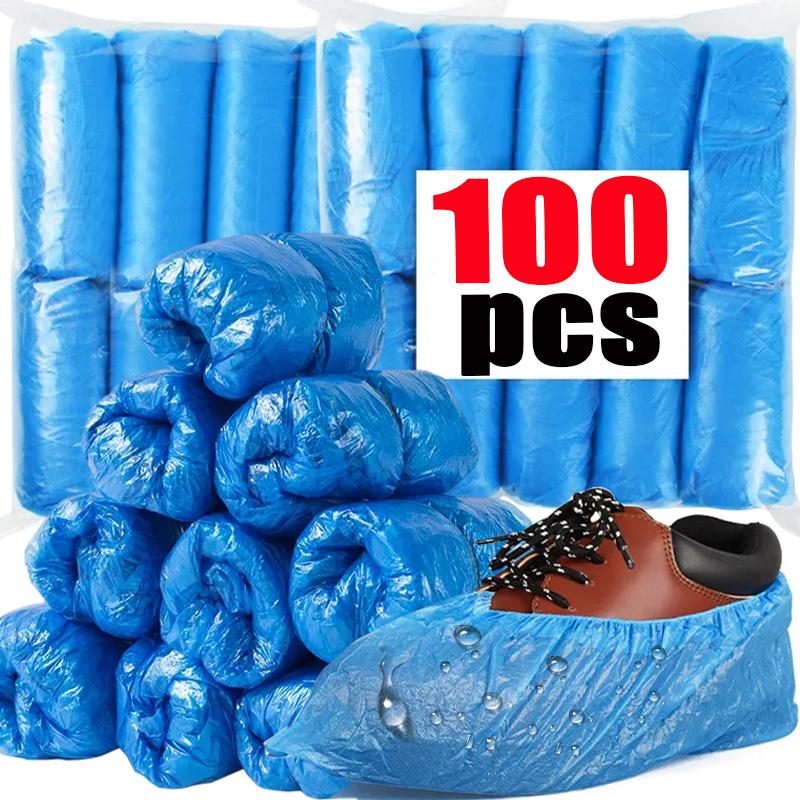 100PCS Disposable Plastic Fabric Shoe Covers Portable Non-slip Rain Mud-proof Shoe Covers Wear Waterproof Boot Covers Overshoes