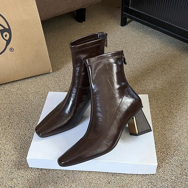 

Sewing thread rear zipper temperament square head high heel short boots women s autumn and winter new thick heel thin boots 39