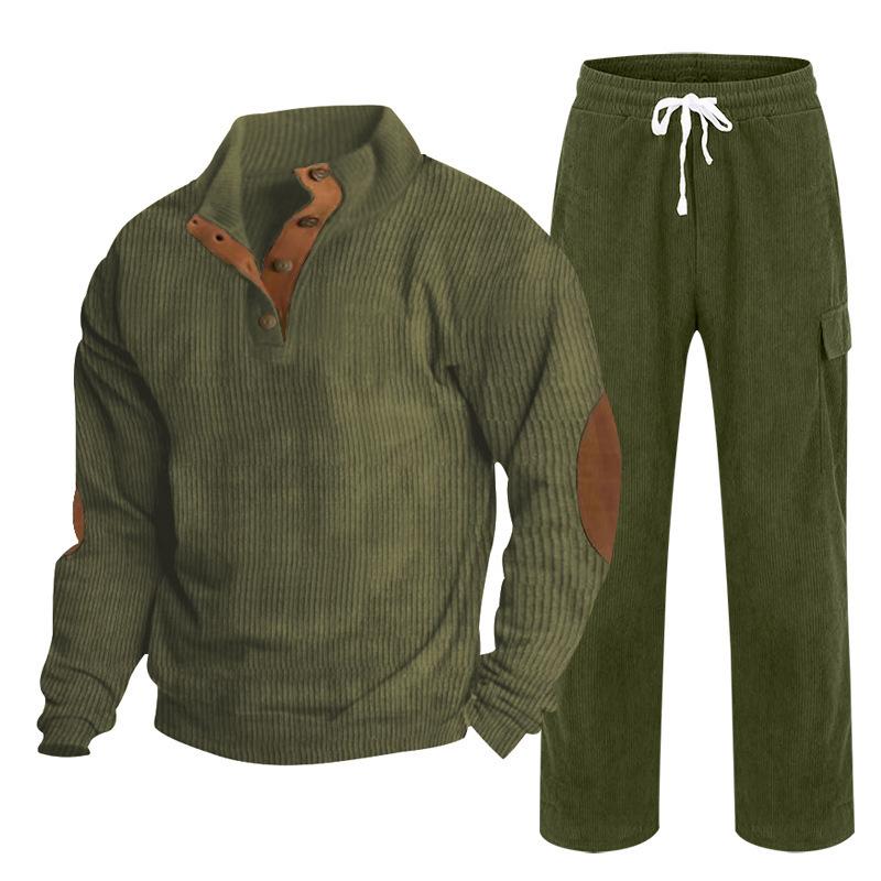 Herren Herbst/Winter Neuankömmling Sportbekleidung Zweiteiliges Set Cord Knopfleiste Henley Oberteil und Straight-Leg Hose Lässiges Ensemble