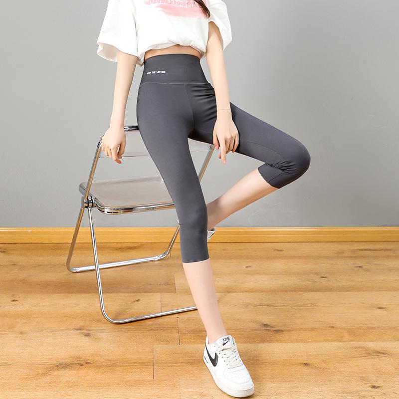 

Women s High Waist Elastic Yoga Pants - Spring/Summer Thin 7-Point Barbie Pants L (approx. 40-62.5 kg) серый