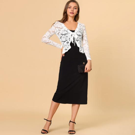 Lace Bolero for Women Tie Front Ruffle Hem Cardigan Long Sleeve Cover Up Jacket Formal Office Sheer Crop Shrug