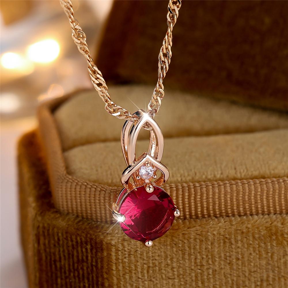 Damen Kristall Rose Rot Zirkonstein Niedlich Rund Anhänger Halskette Vintage Goldfarbe Hochzeit Für Frauen
