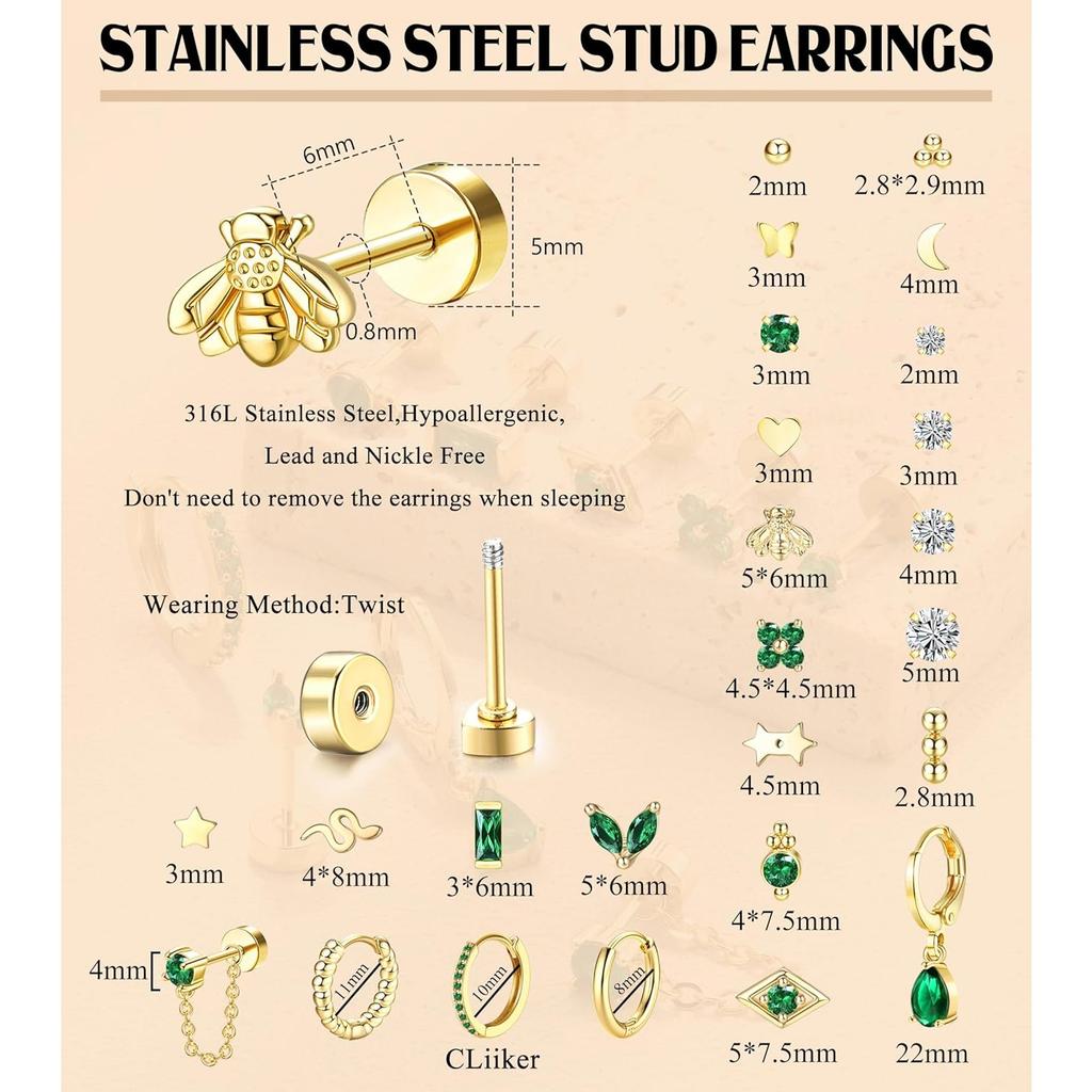 Bobisty 1PC Flat Back Earrings for Women Hypoallergenic Surgical Steel Earrings for Sensitive Ears 20G Cartilage Small Stud Hoop