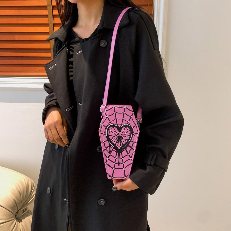 Halloween Crossbody Bag for Women Adjustable Strap Shoulder Bags New Coffin Shaped Spider Web Purse Female Novelty Messenger Bag