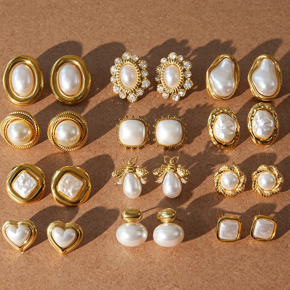 Exquisite Elegant Irregular Resin Pearls Ear Studs 18K PVD Stainless Steel Gold Color Fine Textured Smooth Earrings For W